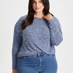NWT 2X Laura long sleeve lightweight scoop neck summer blue pearl beaded top